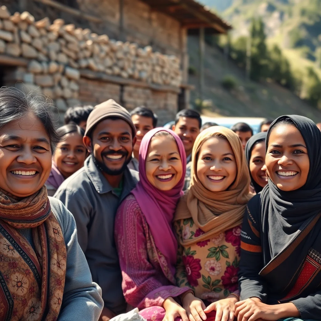 Cinematic wide shot of a diverse, smiling community in a rural mountainous region, warm natural sunlight, authentic, high quality photography